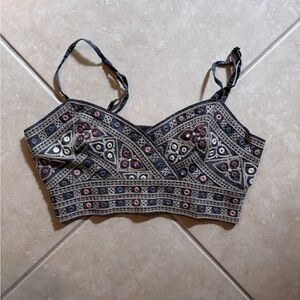 American Eagle Beaded Festival Bralette Embroidered Black Pink & Cream Accents S
